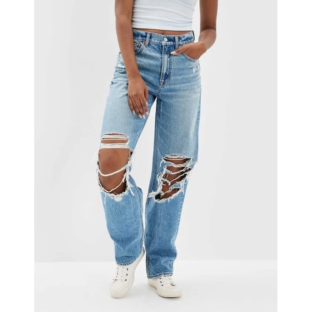 American Eagle‎ Highest Rise Baggy Straight Jeans Women 0 NWT Distressed Knee